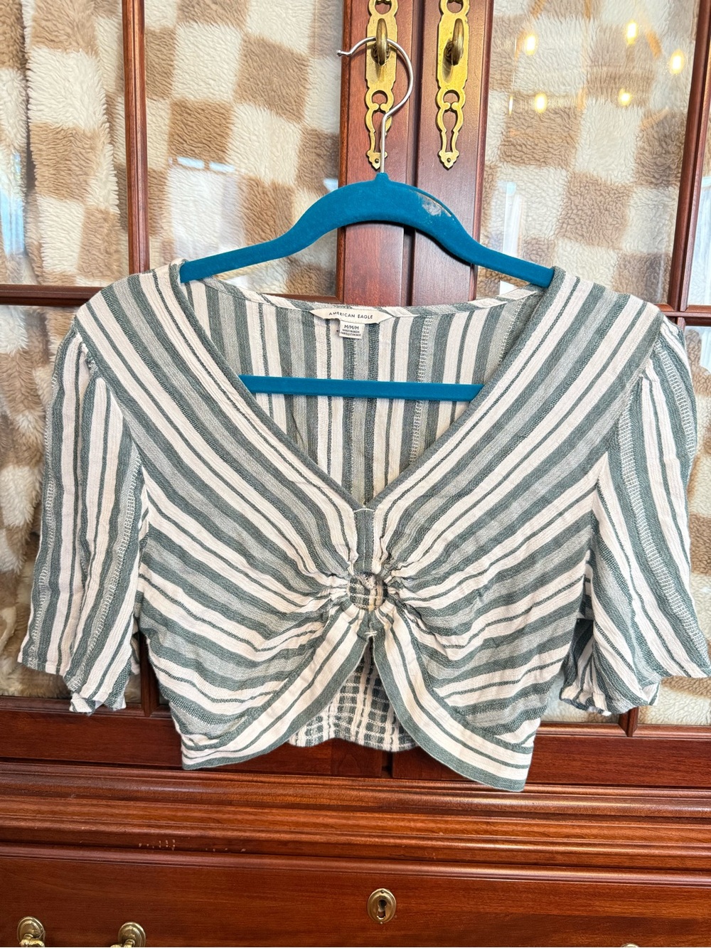 American Eagle Outfitters Green & White Striped Knot-Front Crop Top